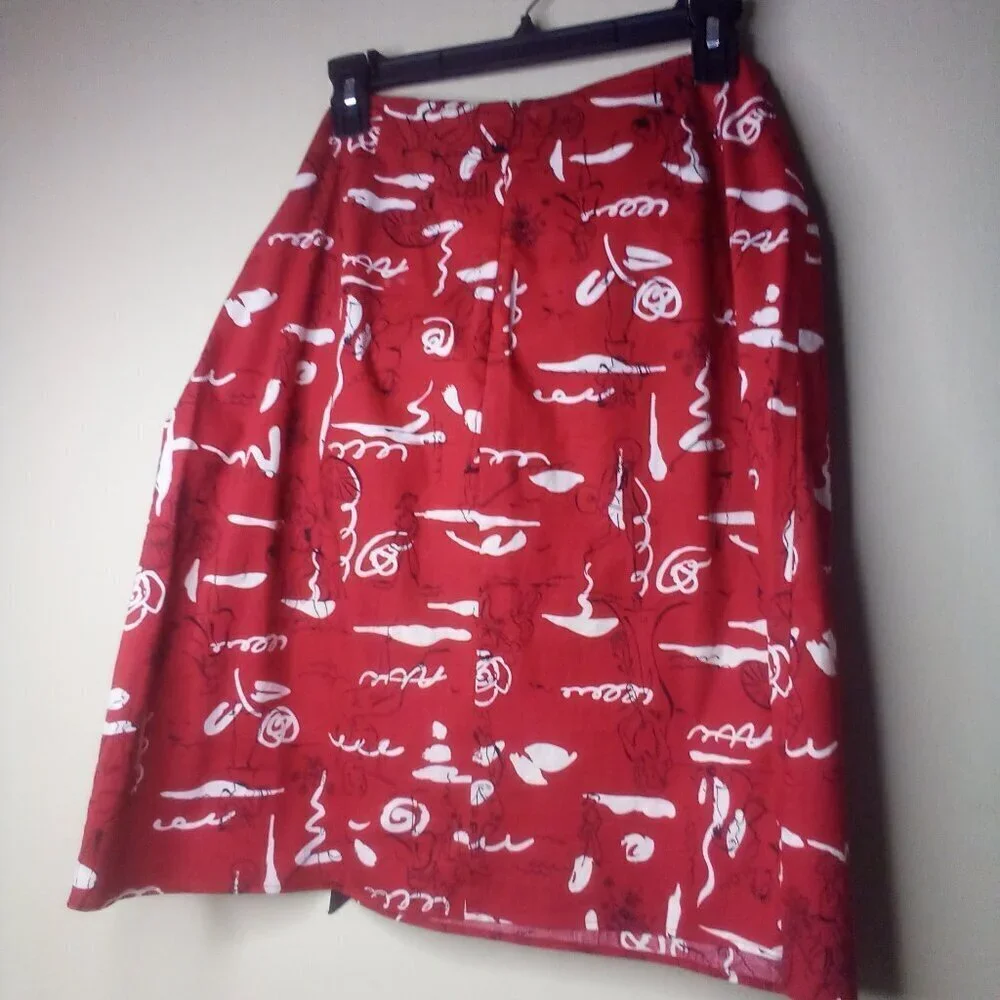 Dressbarn Skirt Women 10 Ribbon Detail People Pattern Golf Bicycle Guitar Red